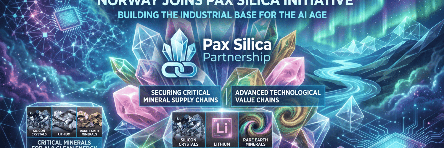 GBP.TV exclusive graphic: An abstract digital artwork representing Norway’s entry into the Pax Silica initiative, featuring crystal structures, aurora borealis, and AI neural circuit networks.