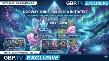 GBP.TV exclusive graphic: An abstract digital artwork representing Norway’s entry into the Pax Silica initiative, featuring crystal structures, aurora borealis, and AI neural circuit networks.